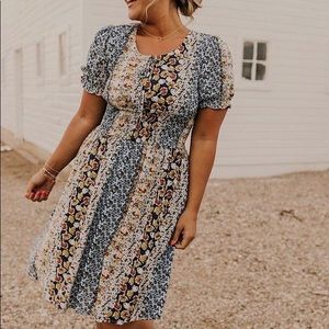 Roolee Blue Floral Patchwork Short Sleeve Dress